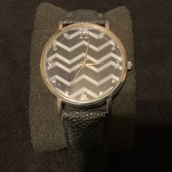 SilverTone Stainless Steel Watch With Black Leather Band,by ACCUTIME 