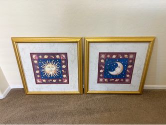 LARGE Vintage Celestial Sun Moon Framed Wall Art Mary Beth Zeitz Gold Frames SET of 2