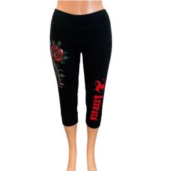 SINFUL Jogger Pants Capri Length Black Rhinestone Roses & Panther Graphic Medium