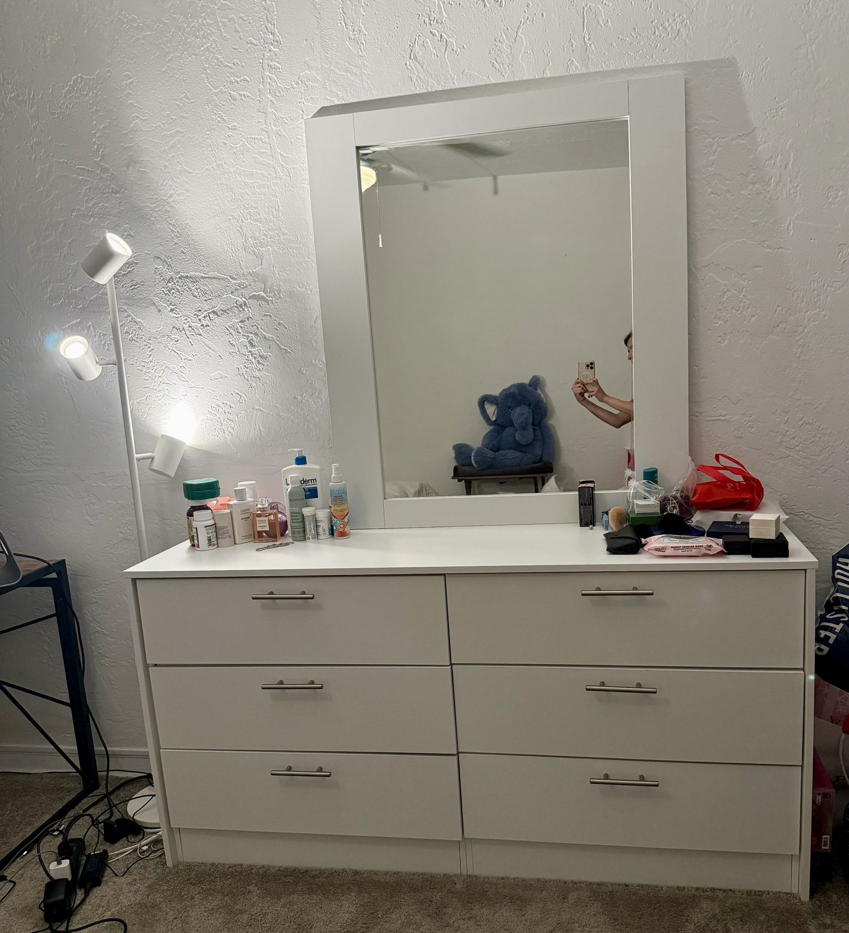 White Wooden 6 Drawer Double Dresser With Large Mirror