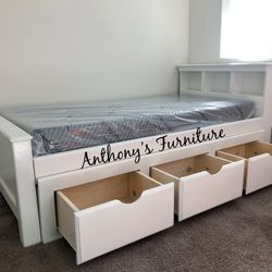 White Twin Bed With Storage And Mattress 