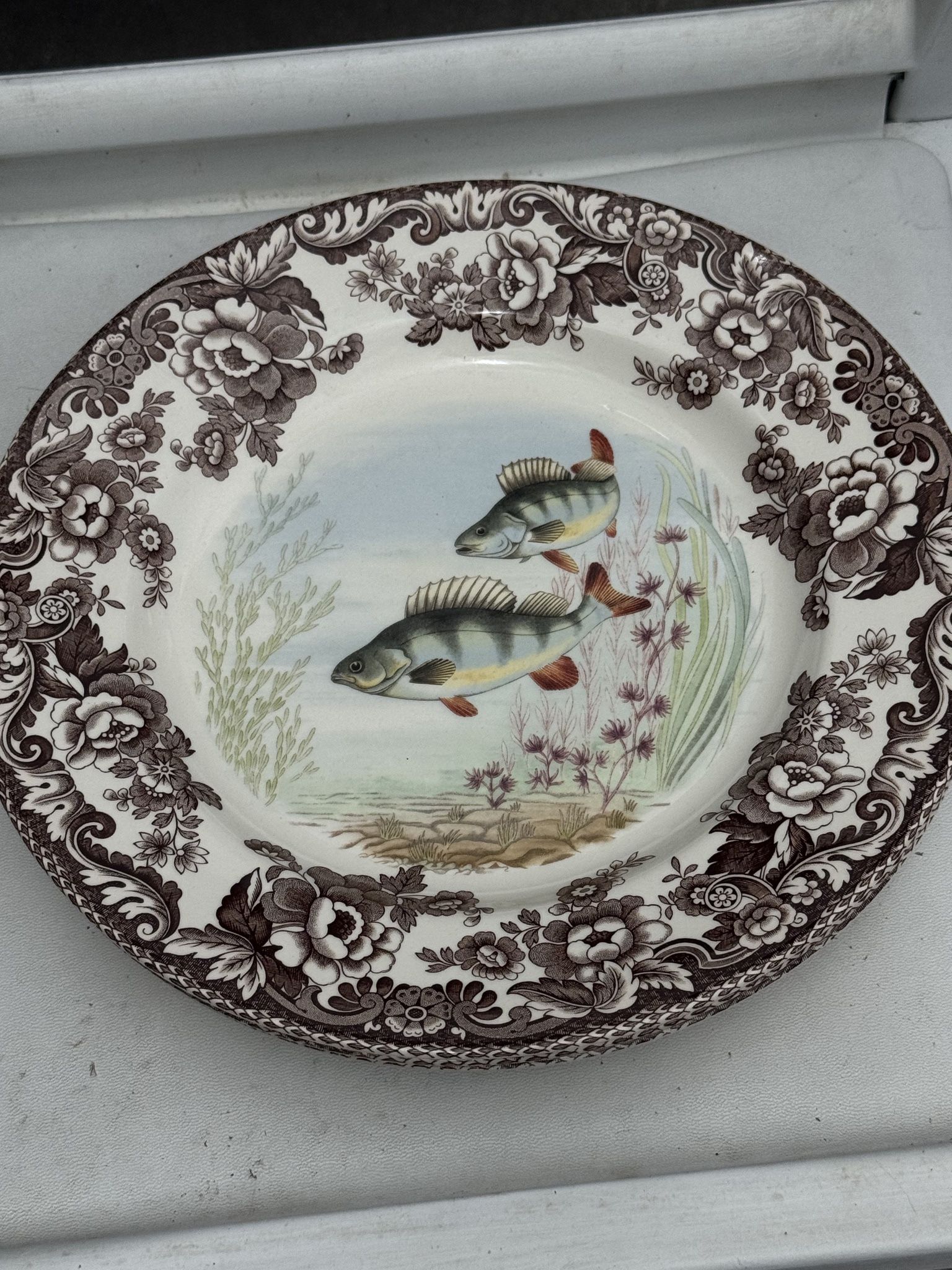 Spode Woodland 1990’s Earthenware English Discontinued Collectible Dinner Plate Featuring Perch Fish With Classic Floral Border (microwave Oven Safe)