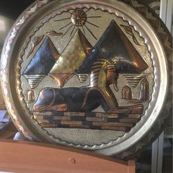 Egyptian 3D Sculpted Decorative Embossed Metal Wall Plate Of The Sphinx & The 3 Pyramids The  Art 19.5” 