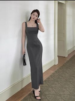 gray spaghetti-strap dress for women, summer new style, French-inspired elegant design with a cinched waist and body-hugging long silhouette