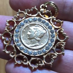 1941 Gold Plated Mercury Dime Pendant 