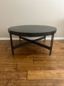 Black Round Wood Coffee Table with Metal Base