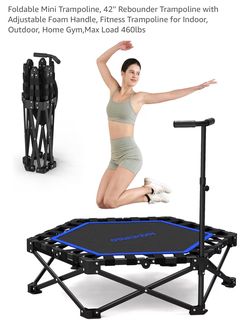 Foldable Mini Trampoline, 42'' Rebounder Trampoline with Adjustable Foam Handle, Fitness Trampoline for Indoor, Outdoor, Home Gym,Max Load 460lbs
