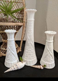 Vintage Hobnail Milk Glass Vase and taper candleholders