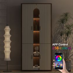 Display Cabinet with Doors,Bookcase with LED Lights, Display Case for Collectibles Bedroom Living Room Office