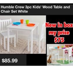 New in box humble crew 3 pc. Kids wood table and chair set white $75 cash only pick up east Palmdale 
