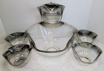 Mid Century Modern Vintage MCM Dorothy Thorpe Faded Silver Band Chip 'n Dip 6 Piece Serving Set!