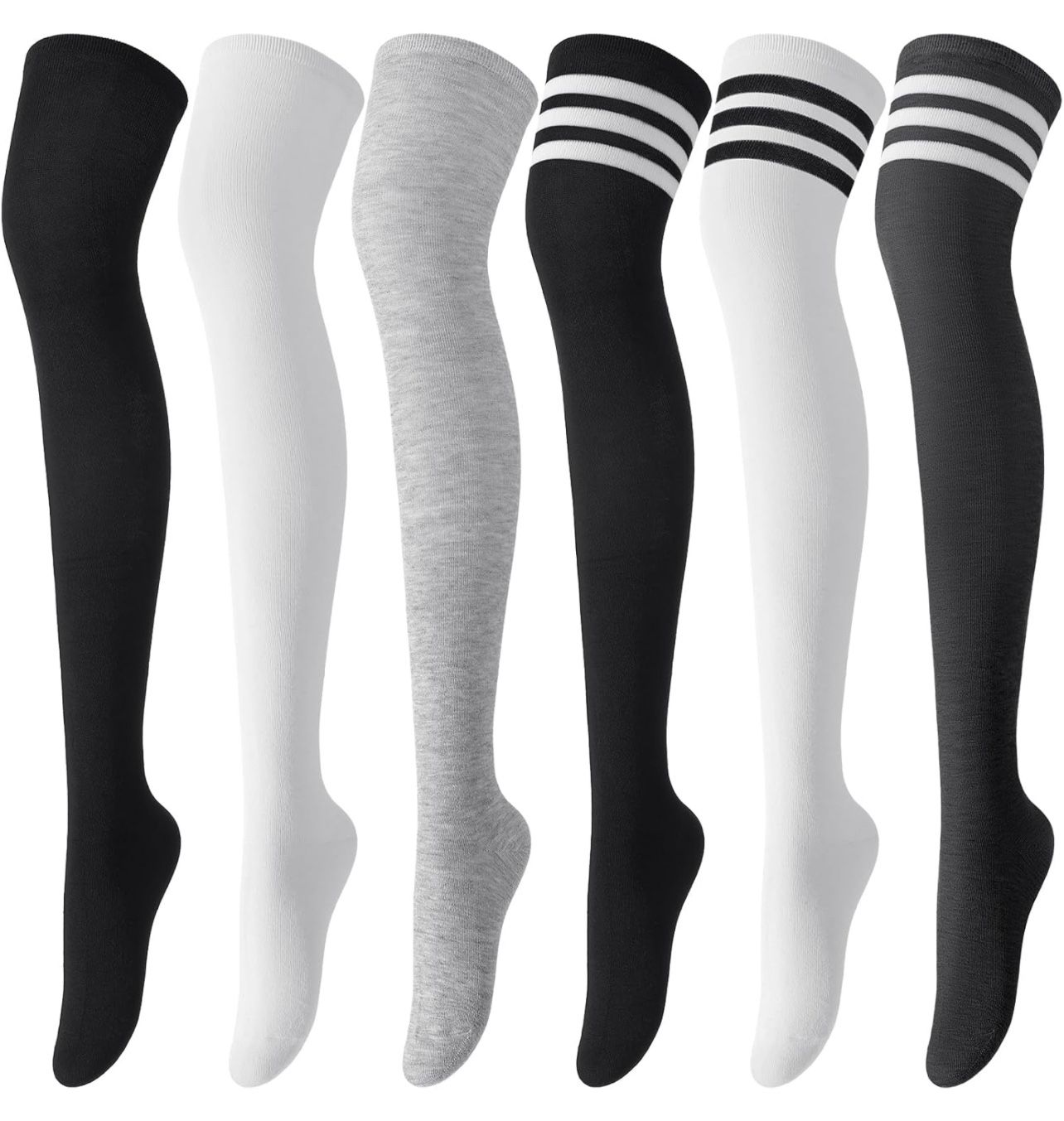 6 pairs Thigh High Socks for Women, Warm Over Knee High Socks, Extra Long Striped High Boot Stockings for Daily Wear