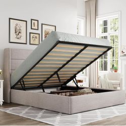 Queen Size Lift Up Storage Bed, (small cosmetic damage on foot board)  Light Beige