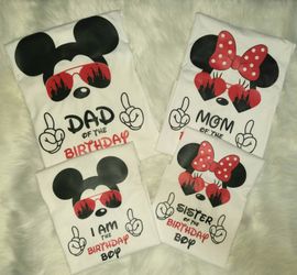 Mickey, minnie shirts. Disney trip- mom, dad, sister of the birthday boy or girl!