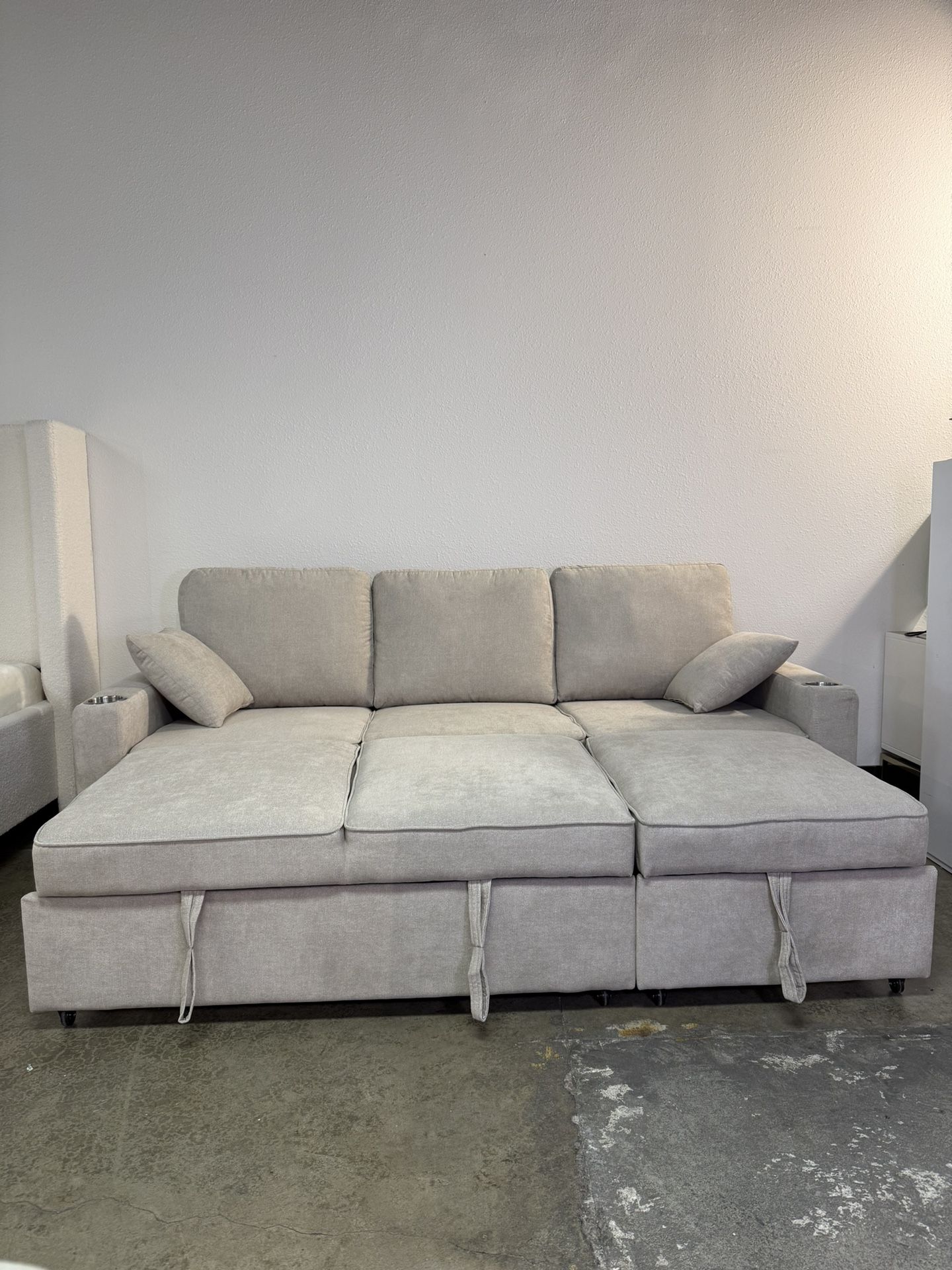 Sofa Bed with Pull-Out Sleeper & Chaise Storage – Gray or Taupe Compact Convertible Sectional Couch