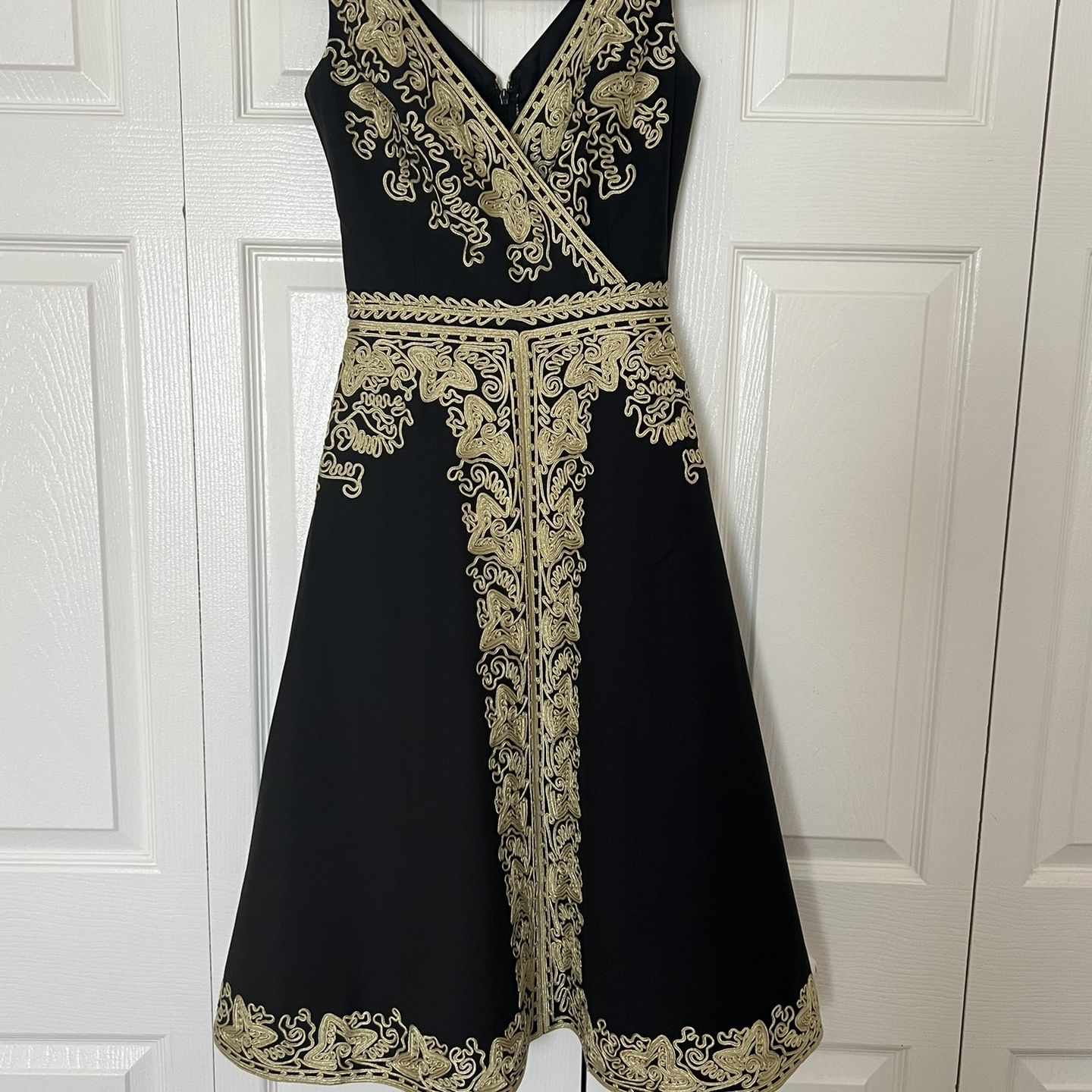 anthropologie black gold dress Beth Bowley Anthropologie Wool Party Dress Black Gold Embroidery Dress(0-XS)  for Sale in West Palm Beach, FL