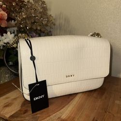 white DKNY Sina MD Flap Shoulder Bag 