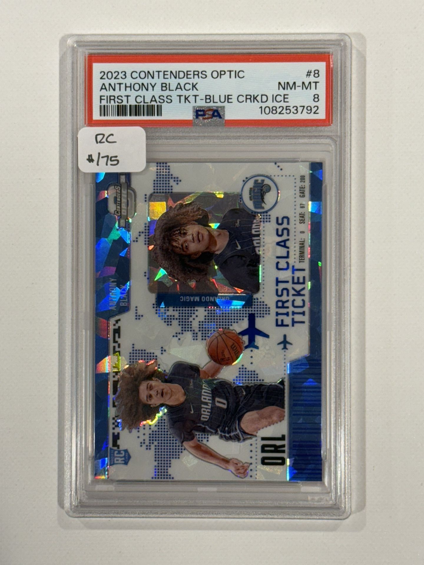 2023 Contenders Optic First Class Ticket Blue Cracked Ice Prizm #8 Anthony Black RC #/75 PSA NM-MT 8