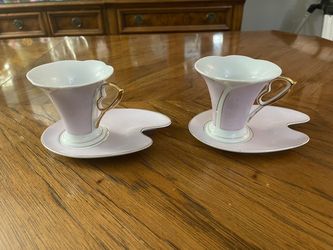 Charming Unique Pink & White Teacup Saucer set - Gift Plus (2 Cups, 2 Saucers) Fine Porcelain