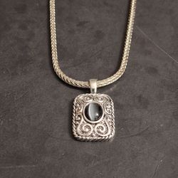 Vintage Roman Silvertone Pendant Necklace Signed Roman With Gray Polished Onyx Stone, Intricate Scrollwork On A Spiga Chain (Woven) 17"