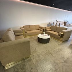 Modern Luxury Sofa Loveseat Couch Set in Beige Nude Taupe & Gold Accents — FREE Delivery