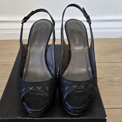 Black Cole Haan Quilted Leather Slingback Peep-Toe Women's Shoes. Size 7