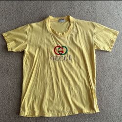 Vintage 1980s  Gucci Embroidered Bright Yellow Unisex T-shirt Shirt Short Sleeve Similar To Large