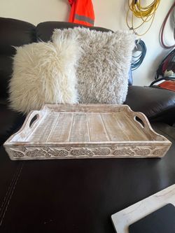 Whitewashed Wood Serving Tray with Carved Detail