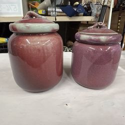 Vintage Set Of 2 Mikasa/Larry Laslo/Cranberry Glazed Stonewear Canisters/Lidded/2Sizes/1970’s