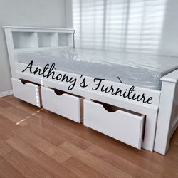 White Twin Bed With Drawers And Foam Mattress 