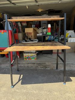 Industrial Wood & Metal Computer Desk w/ Shelf + Cable Management