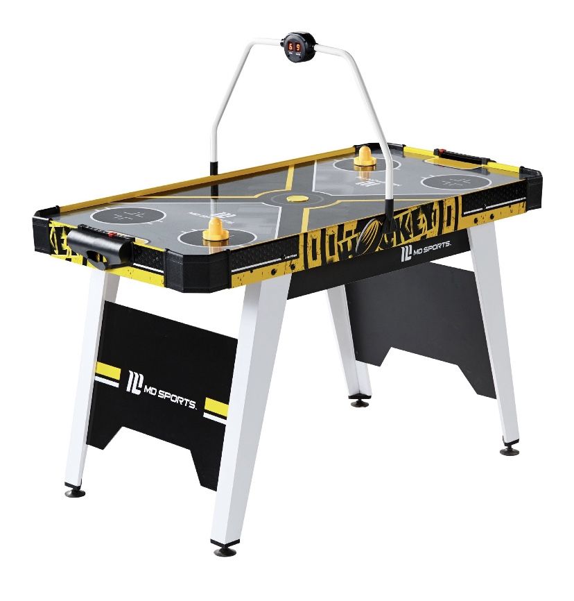 MD Sports 54" Air Powered Hockey Table with Overhead Electronic Scorer, Accessories Included, Black/Yellow