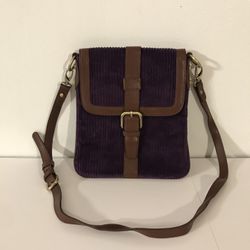 Coldwater Creek Purple Corduroy & Brown Leather Flap Top Crossybody Purse