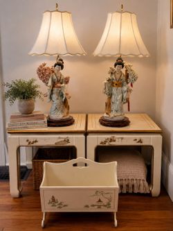 Vintage Chinoiserie Lamp & End Table Set – Asian Figurine Lamps + Matching Tables