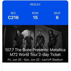 2 Metallica Tickets (2 Day Passes) At Levi’s Stadium, Club Level June 20th-22nd 