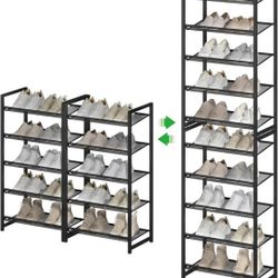 Metal Tall Shoe Rack, 10-Tier Stackable Shoe Shelf，Shoe Storage Shelf with Adjustable Flat or Angled Shelves,for Entryway, Bedroom, Garage,Closet, Liv