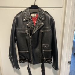 New Gucci Men’s Black Leather Moto Jacket Coat Sz 48 Medium L