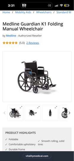Medline Guardian K1 Folding Manual Wheelchair