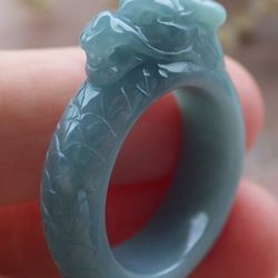 Certificate Jadeite jade Green wealth Dragon Ring circle Size8