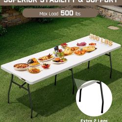 Outdoor 8ft Folding Table with Six Legs, 500 LBS Heavy Duty Plastic Fold-in-Half Table, Foldable Table w/Handle for Indoor Outdoor Party Wedding Offic