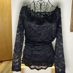 Colleen Lopez Black Lace Blouse long sleeve off shoulders embellished size M