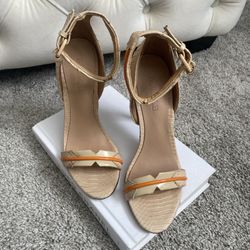 L.A.M.B. Gwen Stefani Beige Orange Leather Heels Ankle Strap Platform Stiletto
