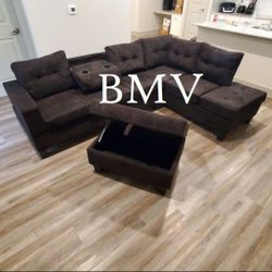 New Sectional with Storage Ottoman - AVAILABLE IN BLACK, GREY, AND CHOCOLATE BROWN
