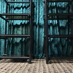 Pair Of Black Lacquer Post Modern Shelves