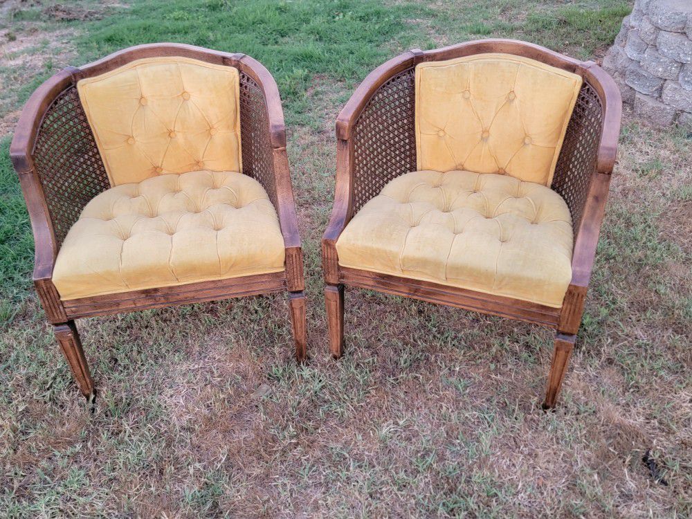 Pair of Mid Century Modern Yellow Gold Tufted Accent Chairs with Caning