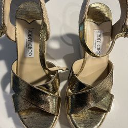 Jimmy Choo Gold Delena Wedge Sandal Size 38 1/2