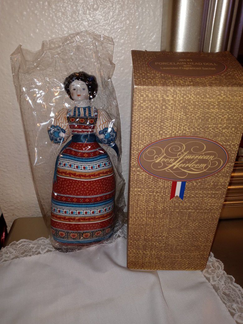 1980's AVON Porcelain Head Doll With Lavender Fragrance Sachet NIB