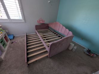Pink Upholstered Twin Daybed w/ Trundle, Drawers & USB Charging Ports