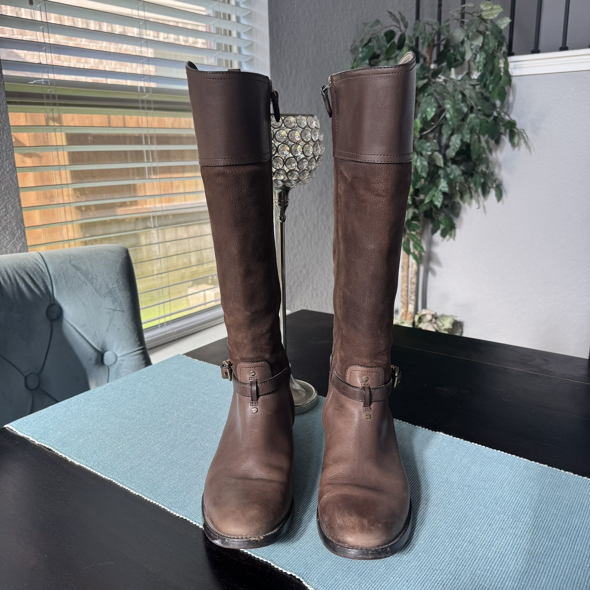 Tory Burch Simone brown leather stitched logo knee high riding boots size 11