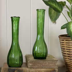 Vintage CFG Fluted Green Glass Vases 